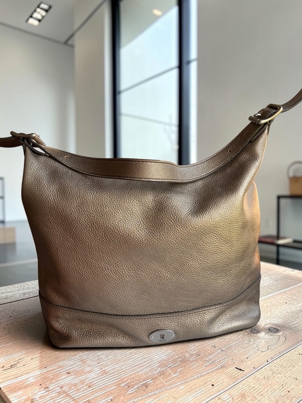 Fossil Metallic Bronze Gold Pebbled Leather Shoulder Hobo - Picture 9 of 15